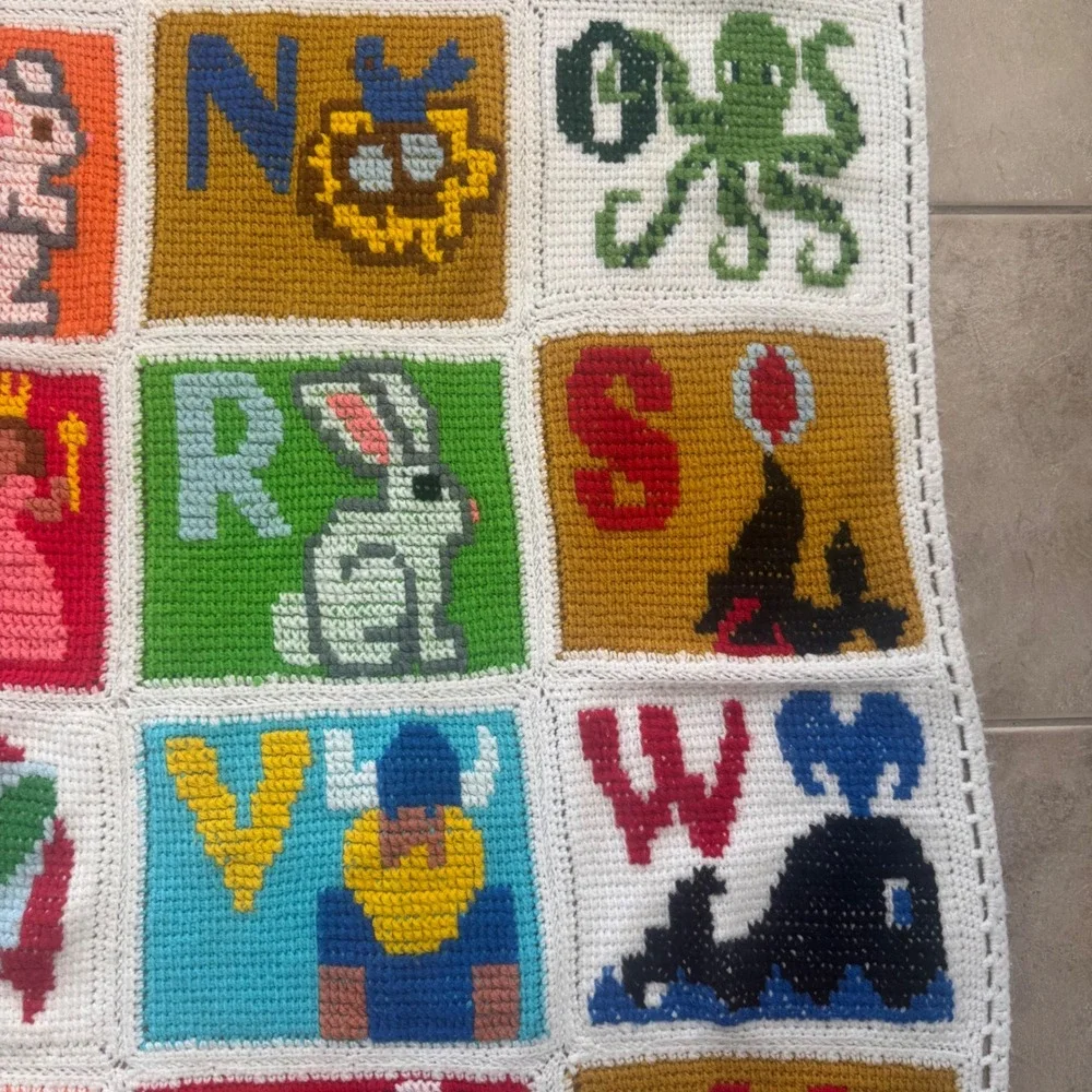 Vintage Handmade Crochet Alphabet ABC Animals Nursery Throw Blanket 41x60